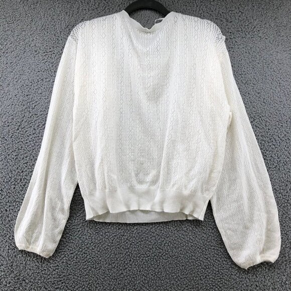 NWOT Lightweight Sweater Womens Medium M White Pointelle Knit Ruffle Front - Picture 2 of 9
